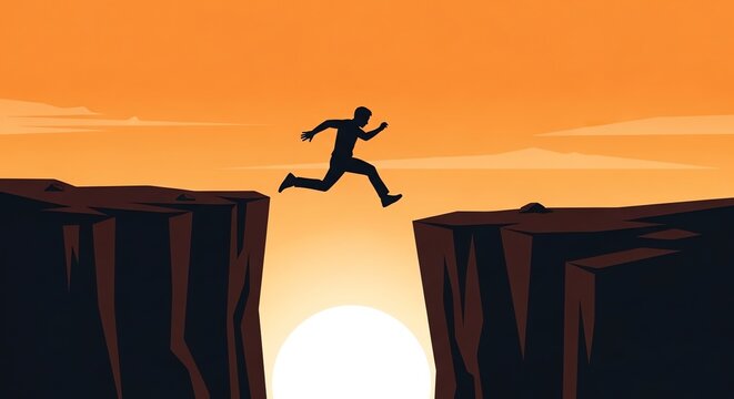 Silhouette of Man Jumping Over Cliff Gap at Sunset