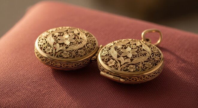 Exquisite antique gold locket with intricate floral filigree detail, showcasing ornate craftsmanship and heirloom quality.
