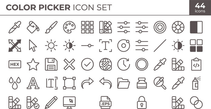 Color Picker Icon Set Outline Style with Palette Tools Selection Controls Design Elements and Graphic Editing Interface for Apps