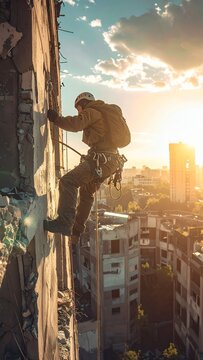 Rooftopper Climbs Skyscraper Facade at Sunset.