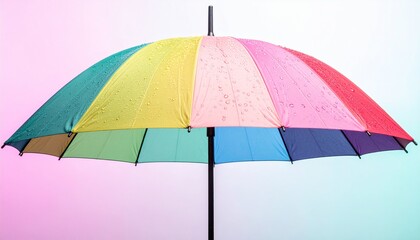 Obraz premium Vibrant rainbow umbrella with colorful panels and raindrops on pastel background
