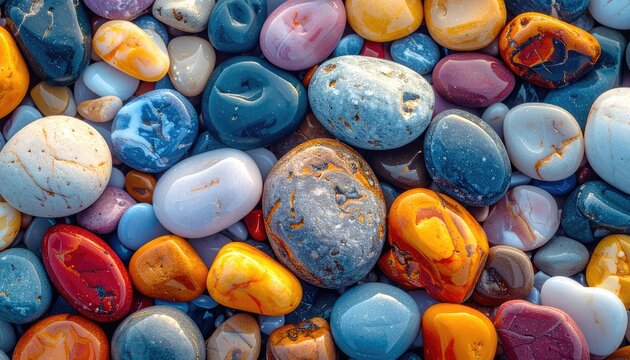 A vibrant close-up showcases a colorful collection of smooth, rounded stones in various hues, creating a textured and visually appealing composition.