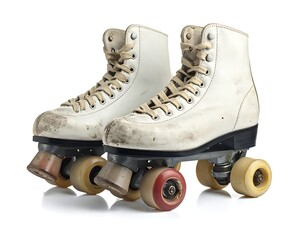 Vintage white roller skates with worn laces and wheels