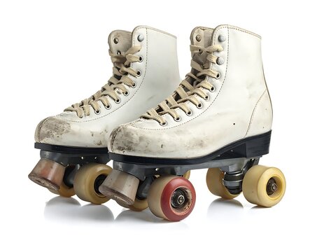 Vintage white roller skates with worn laces and wheels