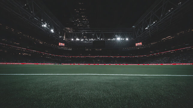 Empty stadium with illuminated field emphasizing precision, focus, and dedication