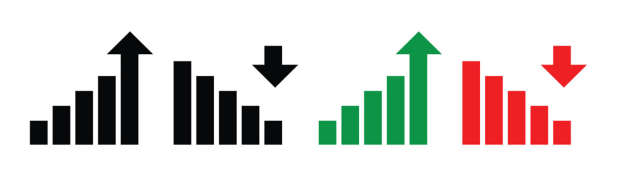 Stock line growth and decrease icon set. Growth up and down. Profit and loss icons whit arrow . Revenue growth and decrease. Line art business graphs set featuring financial growth and decline signs. 