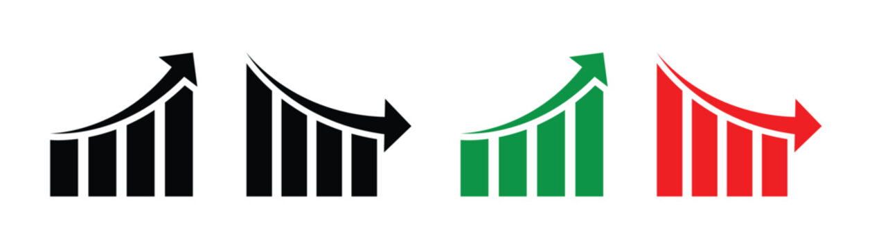 Stock line growth and decrease icon set. Growth up and down. Profit and loss icons whit arrow . Revenue growth and decrease. Line art business graphs set featuring financial growth and decline signs. 