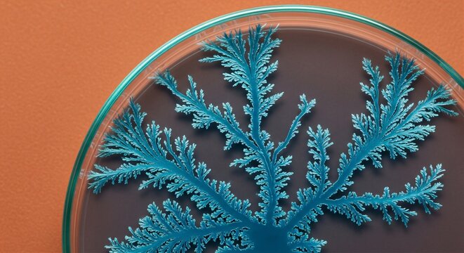 Petri dish with growing dendritic crystal patterns in teal blue, crystallization process, plain terracotta background.