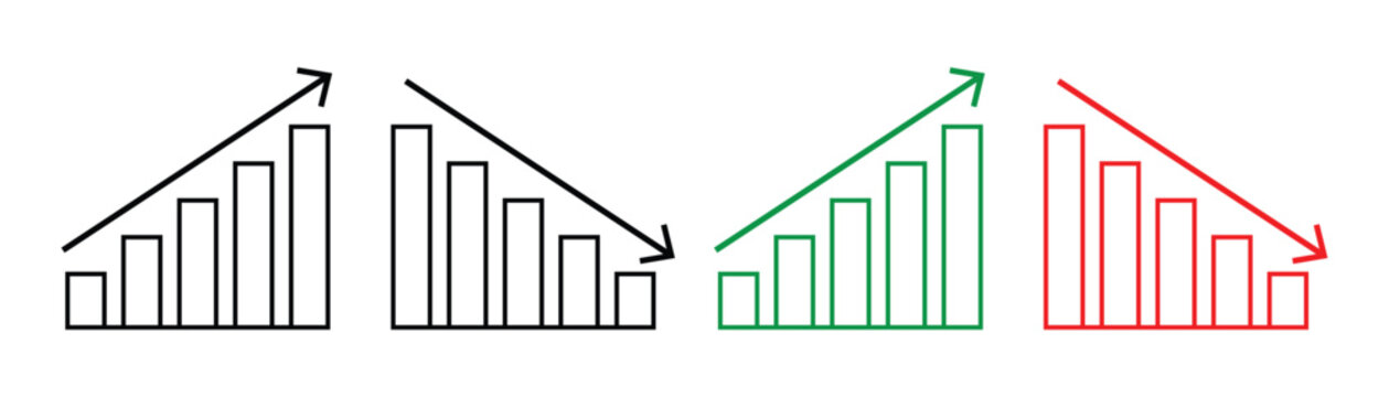 Stock line growth and decrease icon set. Growth up and down. Profit and loss icons whit arrow . Revenue growth and decrease. Line art business graphs set featuring financial growth and decline signs. 