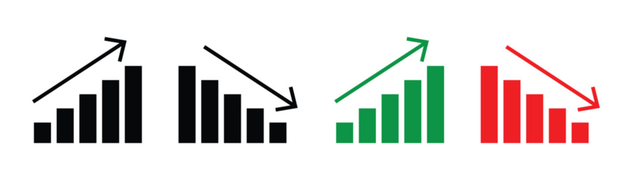 Stock line growth and decrease icon set. Growth up and down. Profit and loss icons whit arrow . Revenue growth and decrease. Line art business graphs set featuring financial growth and decline signs. 