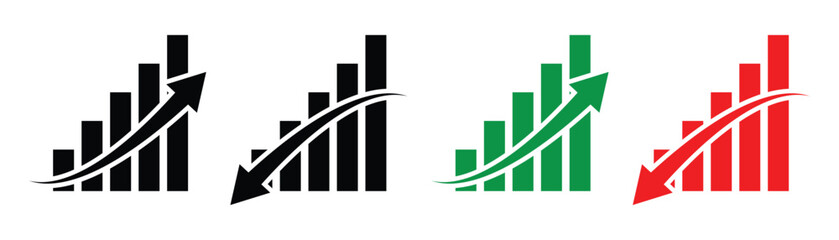 Fototapeta premium Analytics growth decline arrow icon set for finance charts. Financial increase and decrease arrow icons showing profit and loss money flow and investment trends. Stock increase and decrease vector. 