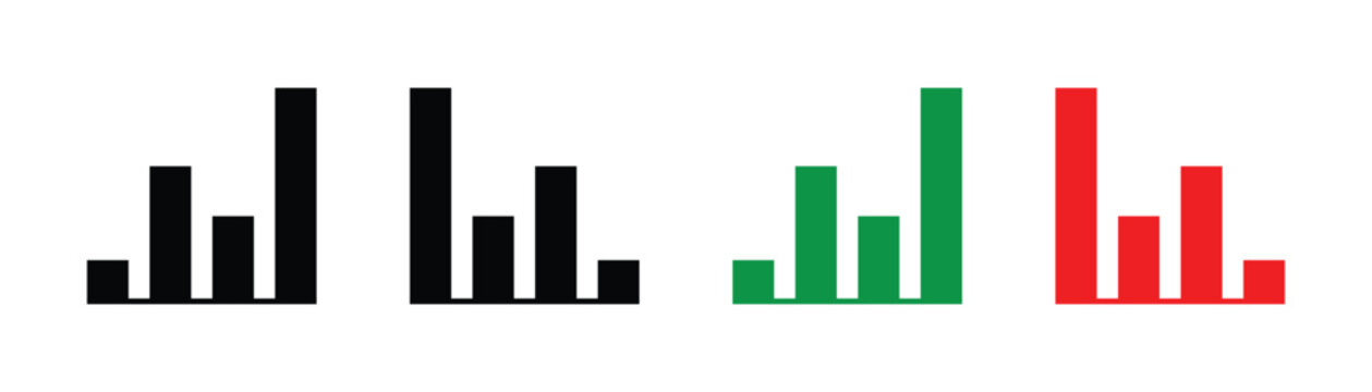 Analytics growth decline arrow icon set for finance charts. Financial increase and decrease arrow icons showing profit and loss money flow and investment trends. Stock increase and decrease vector. 