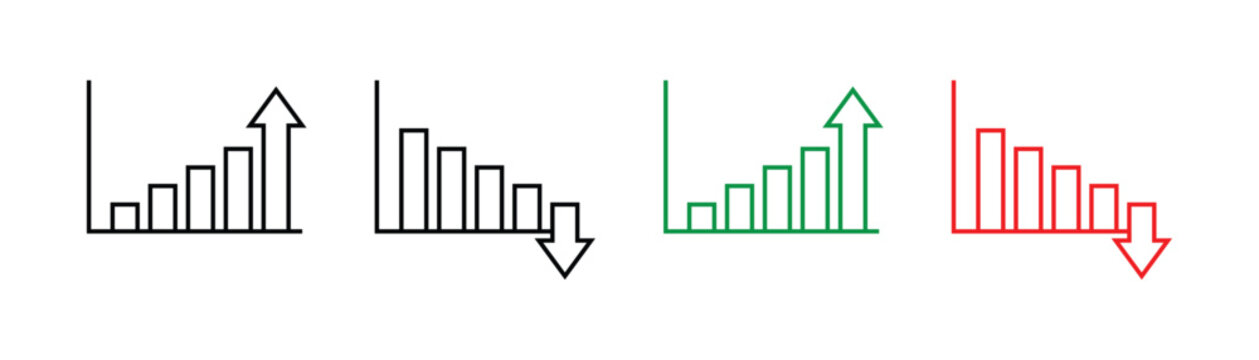 Analytics growth decline arrow icon set for finance charts. Financial increase and decrease arrow icons showing profit and loss money flow and investment trends. Stock increase and decrease vector. 