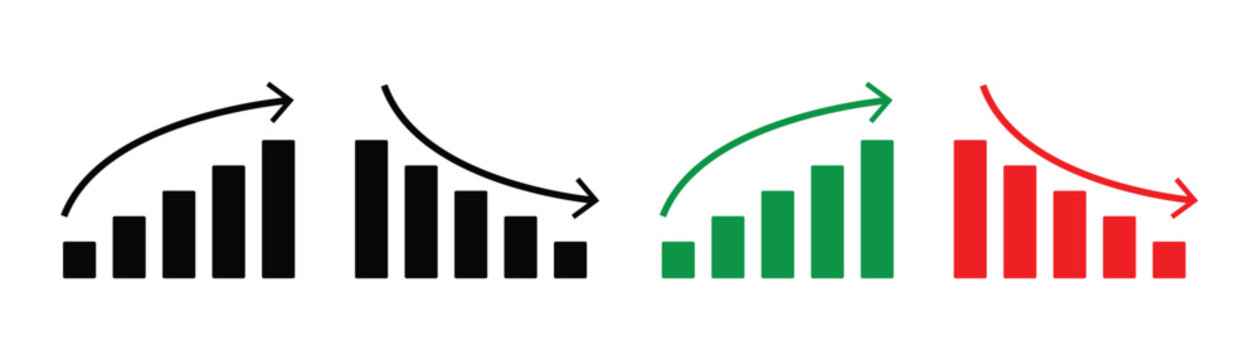 Analytics growth decline arrow icon set for finance charts. Financial increase and decrease arrow icons showing profit and loss money flow and investment trends. Stock increase and decrease vector. 