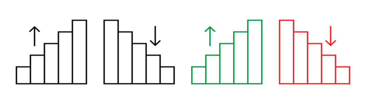 Analytics growth decline arrow icon set for finance charts. Financial increase and decrease arrow icons showing profit and loss money flow and investment trends. Stock increase and decrease vector. 