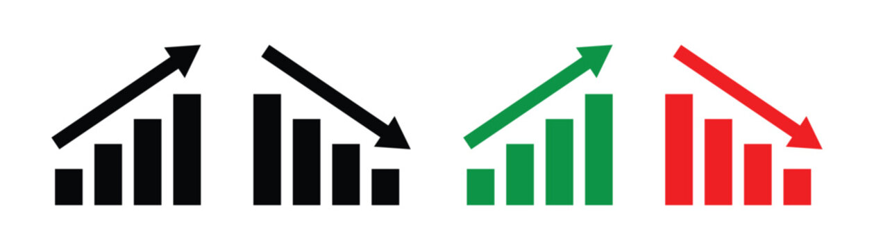 Stock increase and decrease icon set. Business growth and fall graph symbols. Stock increase and decrease  icon set isolated on transparent background. Stock increase and decrease vector illustration.