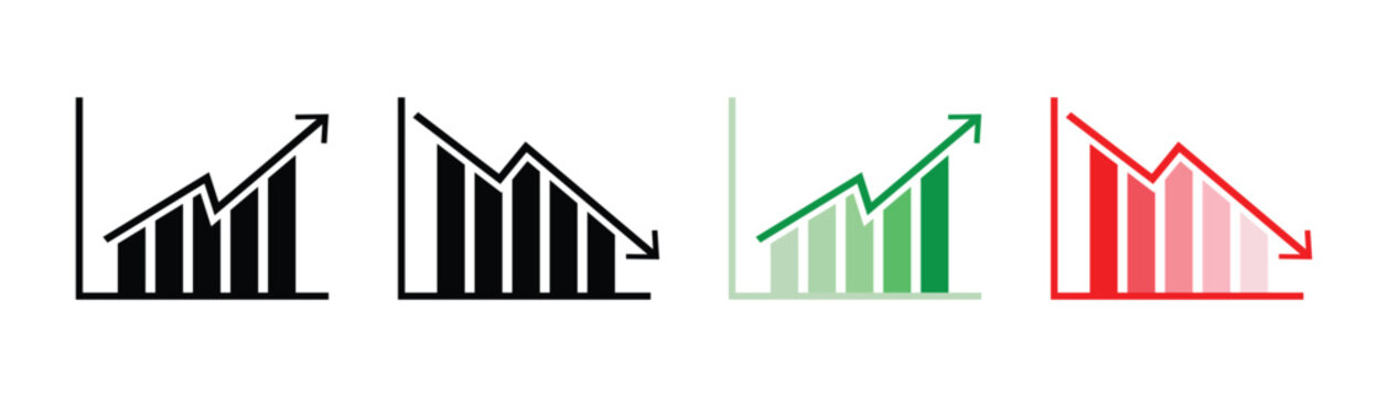 Stock increase and decrease icon set. Business growth and fall graph symbols. Stock increase and decrease  icon set isolated on transparent background. Stock increase and decrease vector illustration.