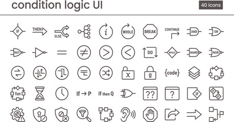 Fototapeta premium Condition Logic UI Outline Icon Set with Programming Flow Control Operators Decisions and Workflow Automation Tools for Apps