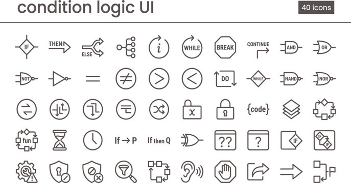 Condition Logic UI Outline Icon Set with Programming Flow Control Operators Decisions and Workflow Automation Tools for Apps