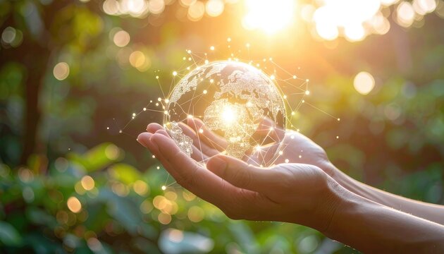 A pair of hands gently cradles a glowing, interconnected Earth, symbolizing global connection and sustainability.