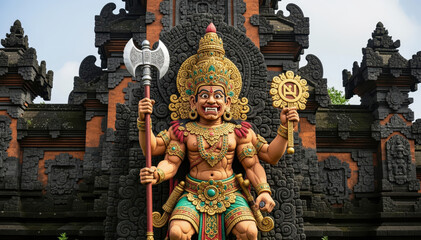 Fototapeta premium Majestic Statue: A captivating display of Balinese artistry, depicting a deity figure adorned with intricate details, holding traditional symbols against the backdrop of an ancient temple.
