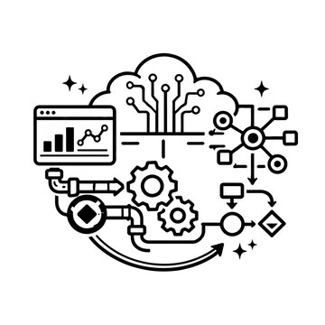 Abstract data flow icon with gears and cloud, representing process automation and technology