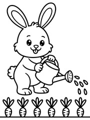 Obraz premium Cute Rabbit Gardening: A charming illustration depicts an adorable rabbit tending to a row of carrots with a watering can, embodying the joy of gardening.