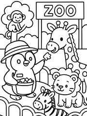 Fototapeta premium Zoo Adventure: A whimsical illustration of a zoo scene with friendly animals, ideal for children's activities and educational purposes.