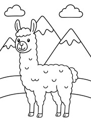 Fototapeta premium Llama in a Mountain Scene: An adorable cartoon illustration of a llama standing proudly against a backdrop of majestic mountains and fluffy clouds.