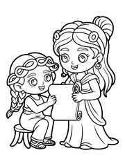 Fototapeta premium Ancient Scholars' Lesson: A charming illustration depicts a teacher and student engaged in a moment of knowledge sharing, their expressions mirroring the enthusiasm of learning.