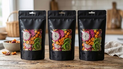 Fototapeta premium Photorealistic packaging mockup features three sleek matte black stand-up pouches with windows revealing dried dragon fruit, golden berries, and kiwi.