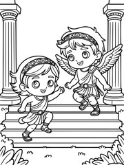 Fototapeta premium Ancient cherubs: Two cherubic figures, reminiscent of classical art, ascend a staircase framed by columns, exuding a sense of heavenly playfulness and innocence. 