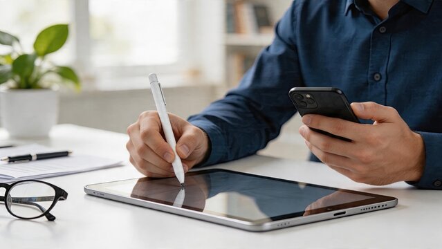 Businessman multitasking at office desk using smart tablet with stylus and smartphone for work technology modern workspace concept