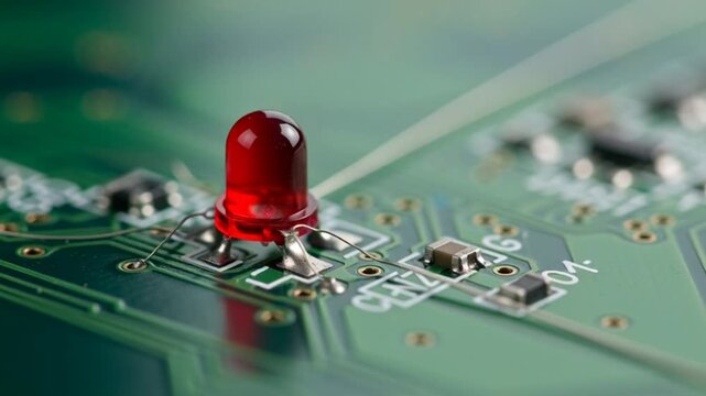 Red LED glowing on a green circuit board, close-up macro shot, technology concept
