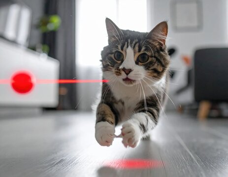 Tabby cat chasing red laser pointer dot on wooden floor, playful feline pet behavior, indoor home lifestyle, hunting instincts, fast motion action