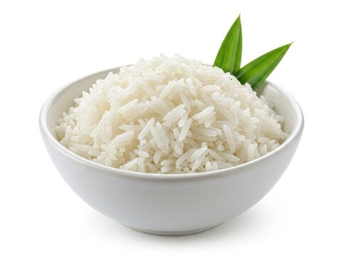 A white bowl filled with fluffy white rice garnished with two green leaves on a white background