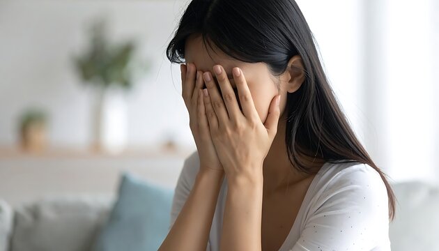 A woman covers her face with her hands in a white room