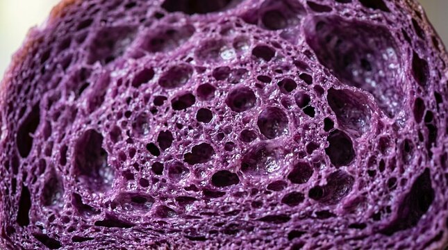 Ultra macro photography of vibrant purple taro bread interior showcasing its airy sponge-like structure and glistening soft moisture detail.