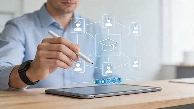 Businessman interacting with holographic education network on digital tablet online learning concept futuristic technology interface connecting students and university icons