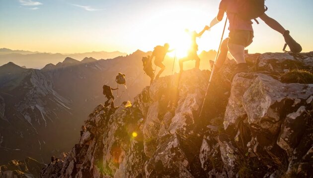 Group of hikers climbing rugged mountain ridge in golden sunset light, overcoming challenges, teamwork and adventure, peak success, mountaineering expedition