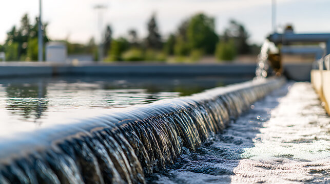 Water flowing over a weir in a treatment plant ideal for corporate presentations and B2B marketing
