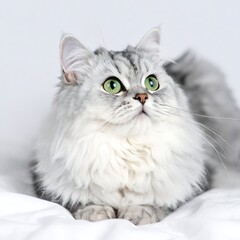 Fototapeta premium A serene cat with striking green eyes lies on white fabric