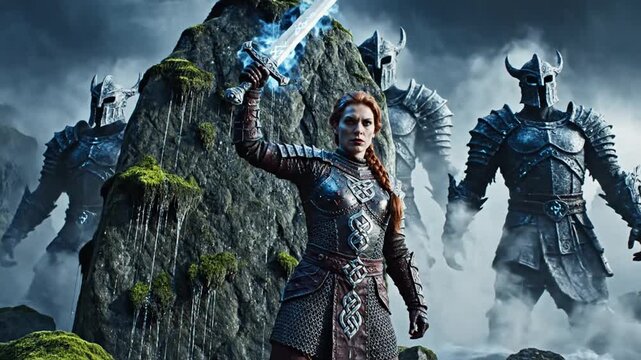 Female warrior with glowing sword confronts giant in fantasy realm