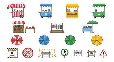 Fototapeta premium Market stalls and umbrellas icon set with different shapes and colors.