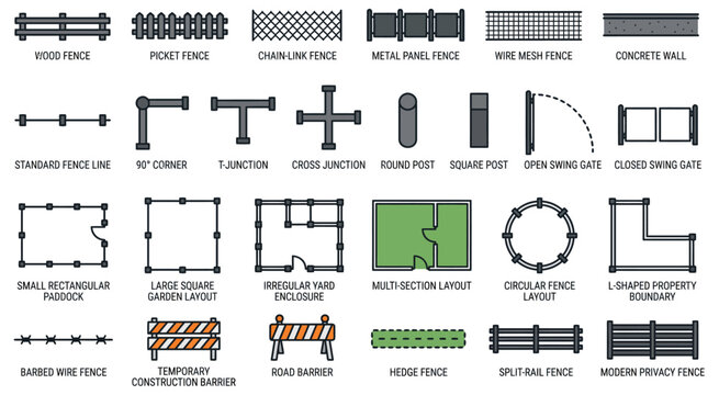 Technical fence and barrier connection diagrams for layout and engineering planning.