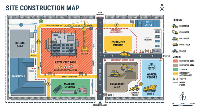 Detailed construction site map showing zones, buildings, equipment, and operational layout.