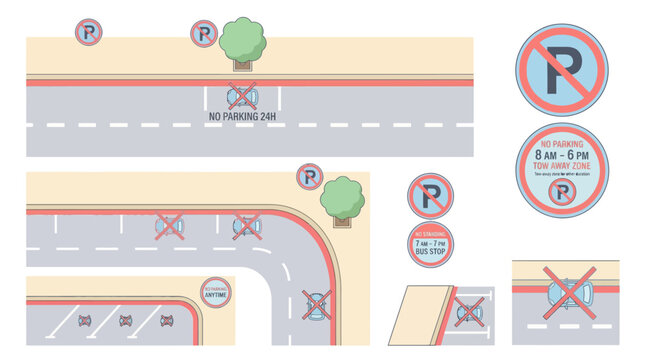 Urban road corner with multiple no-parking and restriction signs placed along sidewalks and curbs.