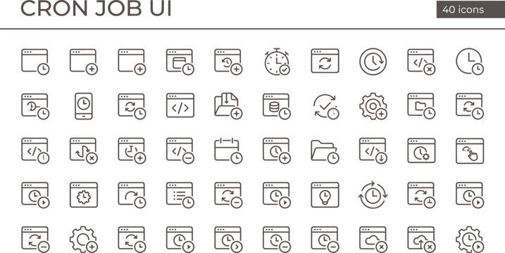 Cron Job UI Outline Icon Set with Task Scheduling Automation Server Monitoring Execution and System Management Tools for Apps