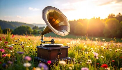 Vintage Gramophone in a Sunlit Meadow.