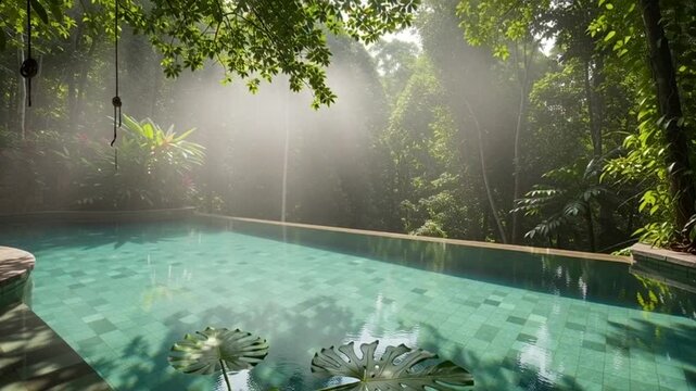 Serene Infinity Pool in Lush Tropical Rainforest with Sunbeams